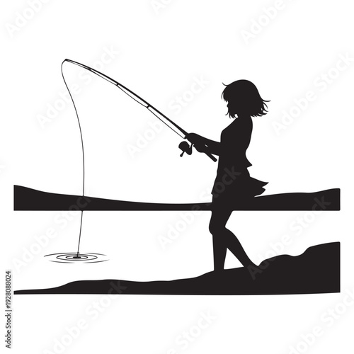 Girl Fishing by Lake Silhouette Vector Illustration