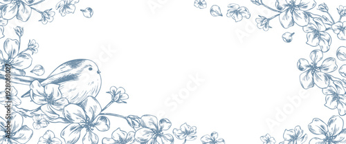 Apple blossoms with a bird on a branch. Hand-drawn ink graphic line art illustration. Horizontal rectangular frame with text template in pastel colors for wedding and holiday decor and design.