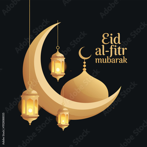 A golden crescent moon and mosque with hanging lanterns celebrate the islamic festival of eid al fitr