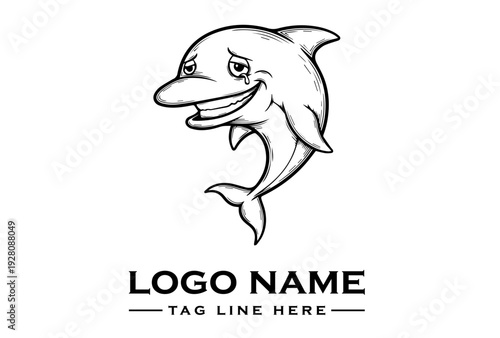 A hand-drawn, tattoo-style dolphin mascot logo with a cartoonish expression, presented in black and white on a clean background, featuring a vintage emblem design with a tagline and
