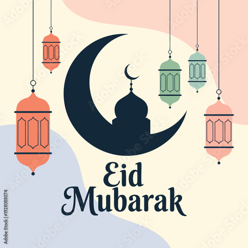 A colorful eid mubarak greeting featuring a crescent moon mosque and hanging lanterns high quality professional