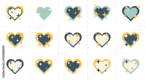 Set of sparkling heart icons in blue, yellow and cream tones, concept for dating app interface, romantic blog graphic and Valentine's day promotion