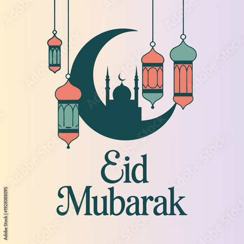 A festive eid mubarak illustration featuring a crescent moon mosque and decorative lanterns high quality professional