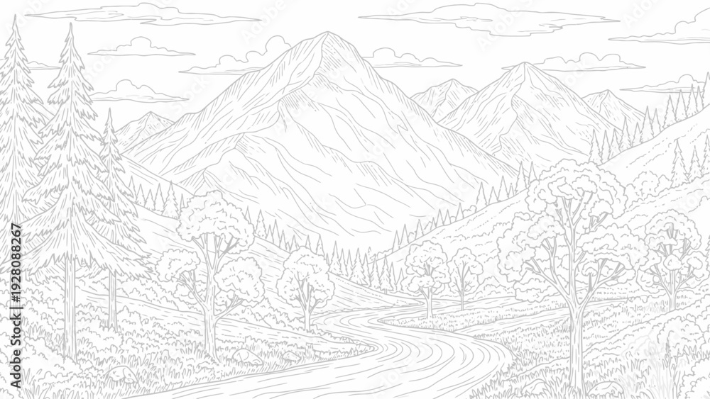 Obraz premium Hand drawn mountain landscape with a winding road and pine trees.