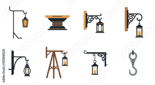 Set of antique metal lantern hanging brackets and architectural pedestal icons, concept for exterior design inspiration, vintage decoration projects and historic building restoration