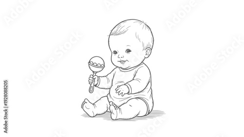 A happy baby illustration sitting and playing with a rattle.