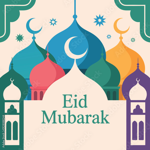 Colorful eid mubarak illustration featuring crescent moons stars and mosque like architectural elements high quality professional