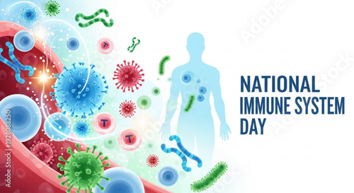 National Immune System Day Vector Illustration with Immune Cells, Antibodies, Viruses, and Body Defense