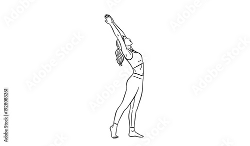 Minimal line drawing of a woman performing yoga stretching pose isolated on white