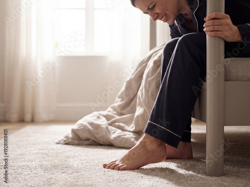 Plantar Fasciitis: Professional photography, woman stepping out of bed and wincing as her heel touches the floor, soft morning light, focus on the foot and pained expression.