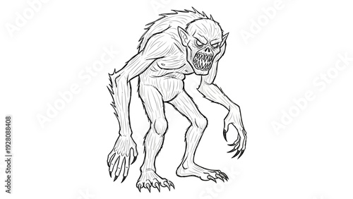 A fearsome creature with sharp teeth and claws, drawn in a line art style.