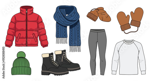 Flat lay collection of winter outdoor clothing items including puffer jacket, scarf, boots and knit hat, concept for cold weather fashion, winter retail promotion and outdoor adventure gear design