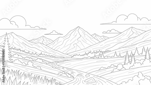 Outline of a scenic mountain landscape with a flowing river and trees, perfect for coloring.