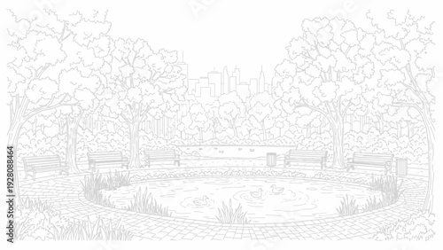 Peaceful city park with ducks in a pond and distant skyline.