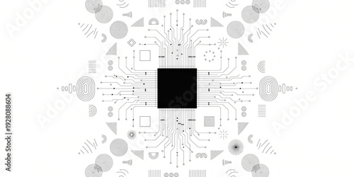 Abstract representation of a central processing unit (CPU) or microchip with intricate circuitry and geometric patterns symbolizing data flow and digital technology