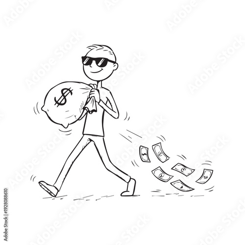 Vector cartoon illustration of careless stick figure man carrying money bag with a hole and losing cash
