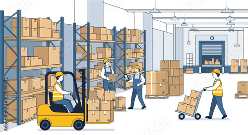 Warehouse Workers Managing Cardboard Boxes.