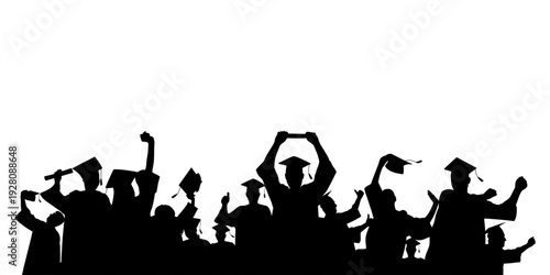 Set of silhouettes of graduate student with graduation cap  in different poses, celebrating education success. Vector illustration.