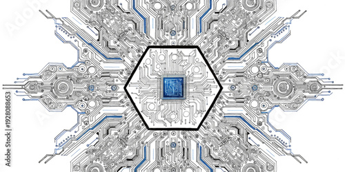 Intricate Circuit Board Design with Central Microchip, Representing Advanced Technology and Computing Power