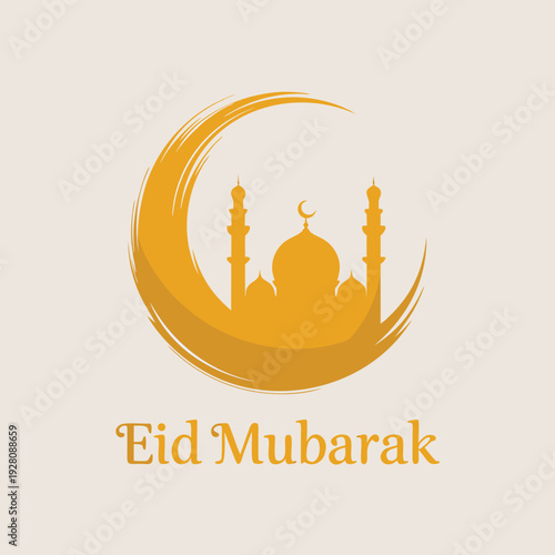 A golden crescent moon and mosque silhouette with the text eid mubarak below high quality professional