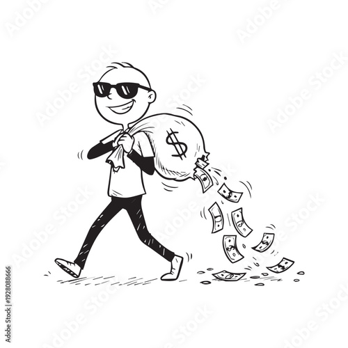 Vector cartoon illustration of careless stick figure man carrying money bag with a hole and losing cash
