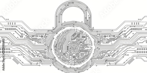 Abstract technological padlock illustration, intricately designed with circuit board patterns, symbolizing robust digital data protection, cybersecurity, and secure network infrastructure