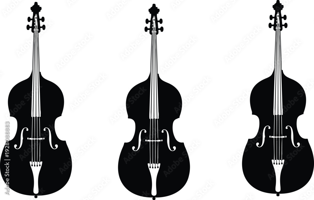Fototapeta premium Black and white double bass silhouette isolated on white background classical music instrument vector illustration