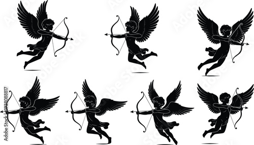 Set of Flying Cupid Silhouettes with Bow and Arrow for Valentine's Day Romantic Designs Mythological Angelic Characters in Black Vector Style Isolated on White