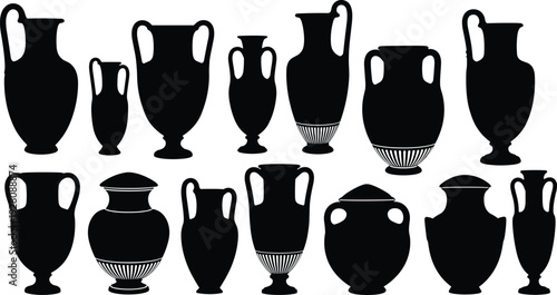 Ancient Greek vases, amphora silhouettes, classical pottery, archaeological artifacts, cultural heritage, decorative vessels, historical art, ceramic design, museum collection, classical antiquity