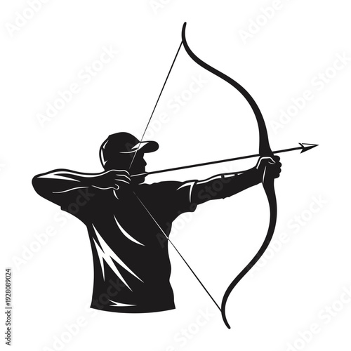 A man in a baseball cap draws a bow and arrow