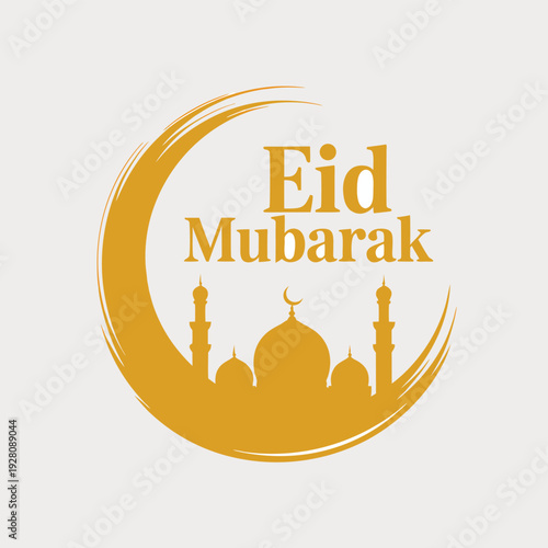 Golden crescent moon and mosque silhouette with Eid Mubarak greeting for islamic holiday high quality professional