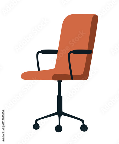 Stylized flat vector illustration of a contemporary burnt orange office chair in side view with dark charcoal base and casters, isolated on transparent background.