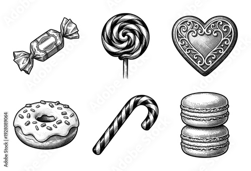 Vintage engraving style collection of assorted sweets and confectionery featuring a donut, lollipop, macaroons, candy cane, heart cookie, and wrapped bonbon.