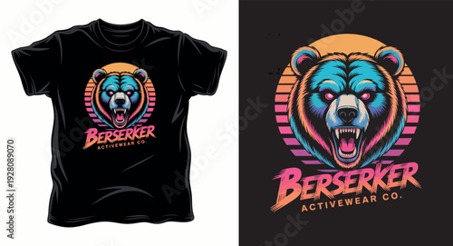 Berserker activewear co. vector t-shirt design with an angry bear head and sunset background t-shirt design print illustration