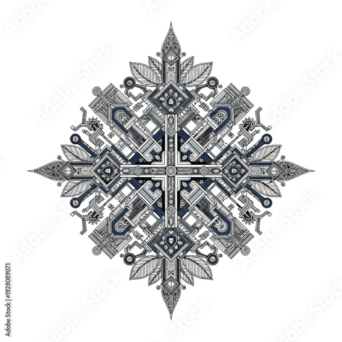A highly symmetrical and detailed snowflake with blue accents