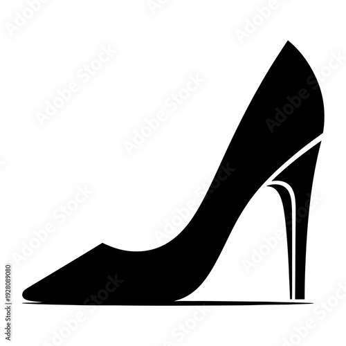 A black high-heeled shoe with a white outline