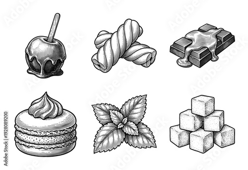 Vintage engraving style collection of assorted sweets and treats featuring caramel apple, chocolate, marshmallow, and sugar cubes