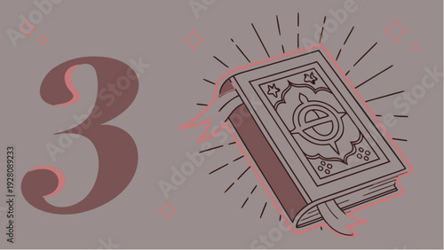 An intricately designed religious book lies open with ornate symbols and text, illustrating a sacred scene from a top-down viewpoint in a minimalist environment.