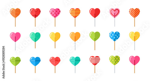 Set of colorful heart-shaped lollipops on sticks isolated on white background, concept for Valentine's Day celebration, sweet shop promotion and candy marketing design