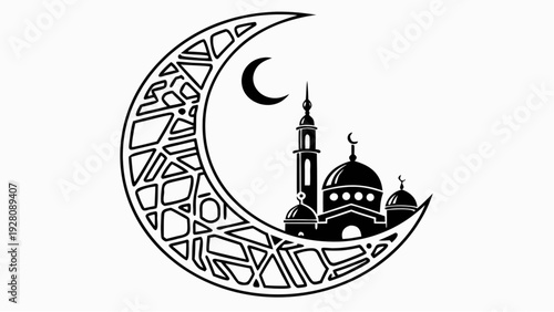 Crescent moon with mosque and minaret illustration, symbolizing Islamic faith and spirituality, in a simple yet elegant design, viewed from a straight-on perspective