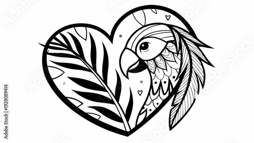 A black and white illustration of a parrot surrounded by leaves within a heart shape, showcasing intricate line art and delicate details, viewed from the side