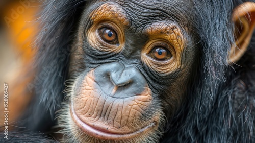 Close-up of a young chimpanzee displaying expressive eyes and detailed facial features