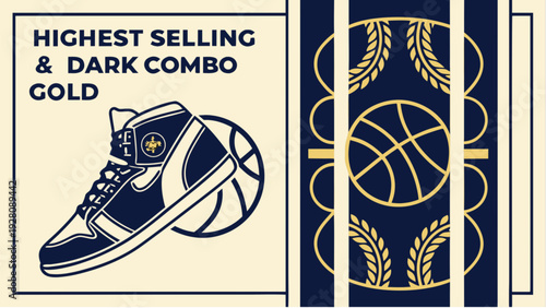 A dark blue and gold highest selling sneaker and basketball graphic design viewed from the front, placed beside a decorative panel.