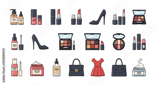 Flat icon set of assorted beauty products, cosmetics and fashion accessories, concept for makeup tutorial guide, beauty store promotion and fashion blog content
