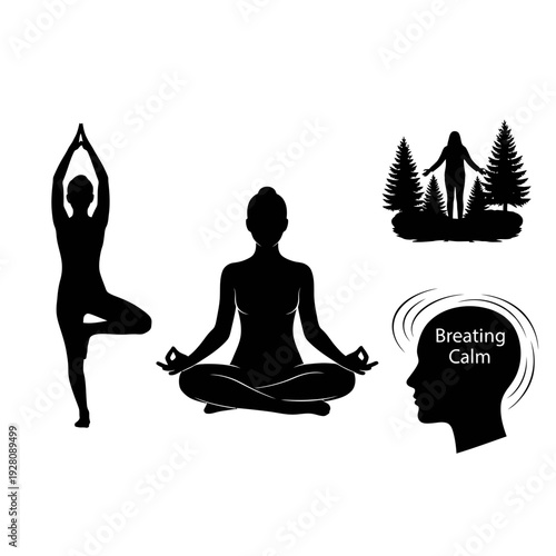 Serene yoga practice depicted through silhouettes of meditation, tree pose, and peaceful landscape in a calming environment