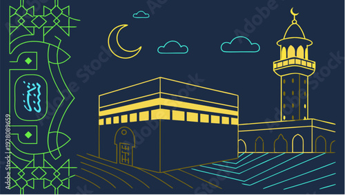 Futuristic Ramadan lantern scene with Kaaba and mosque illustration at night, glowing neon blue and yellow, vector art