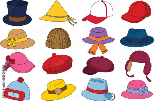 Large Vector Collection of Diverse Hats and Headwear Featuring Cartoon Illustrations of Baseball Caps Beanies Sun Hats Top Hats Berets and Asian Styles