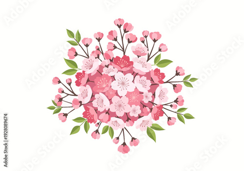 A cluster of pink cherry blossoms with green leaves and brown stems on a white background