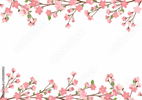 Pink cherry blossoms frame the top and bottom edges against a white background