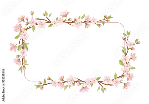 Rectangular frame decorated with pink cherry blossoms and green leaves